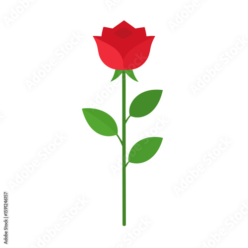 Stylized single red rose with a long green stem and leaves in a flat design illustration.