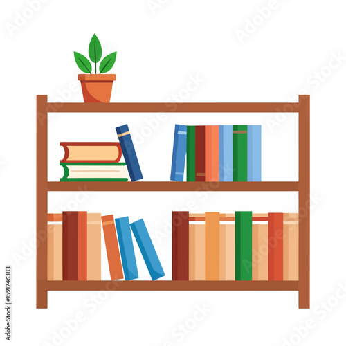 Wooden bookshelf with two shelves holding colorful books and a small green plant in a terracotta pot.