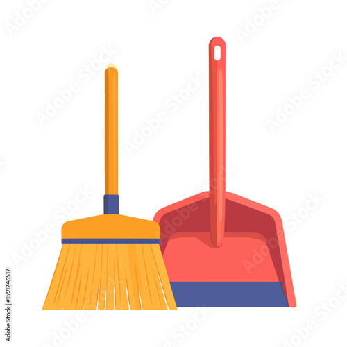 Colorful cartoon broom and red dustpan cleaning tool set. Yellow bristles and blue handle details.