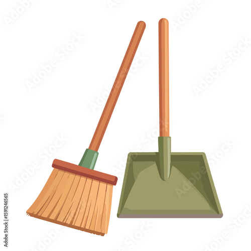 Cartoon broom with wooden handle and thick bristles next to a matching green dustpan. A classic household cleaning tool set.