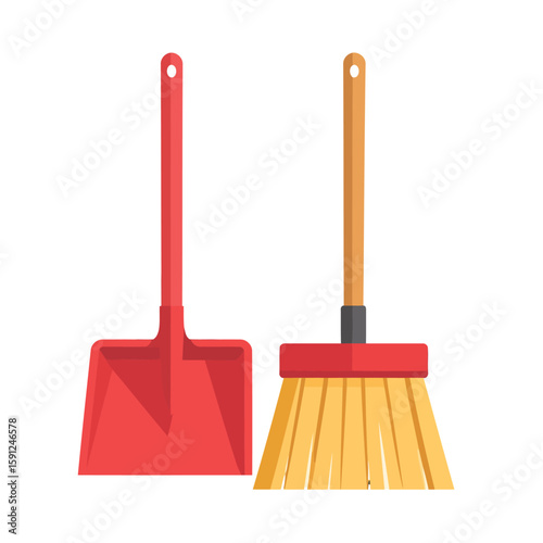 Flat design illustration of a red dustpan and a broom with a wooden handle and yellow bristles.