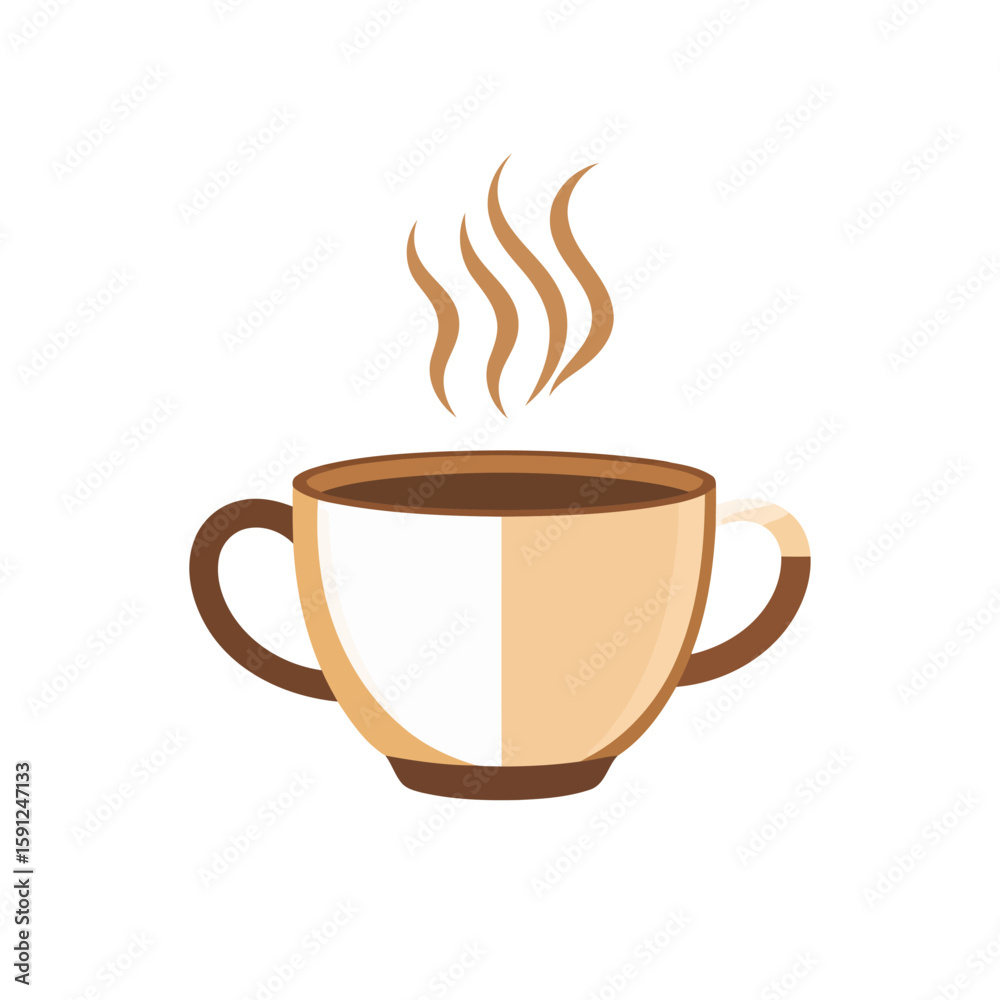Obraz premium Wide, two-handled beige ceramic cup filled with steaming hot brown coffee, presented in a flat design illustration.