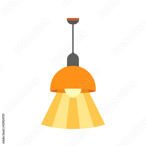 Stylish orange dome pendant lamp with a glowing bulb, casting warm yellow light rays in a flat design style.