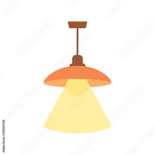 Minimalist orange pendant lamp with a dome shade and glowing yellow light bulb.