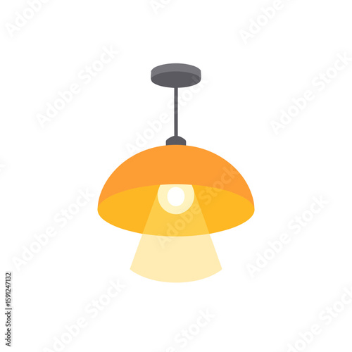 Modern orange dome pendant lamp illustration with a glowing light bulb and yellow beam.