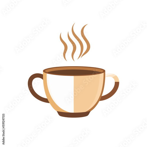 Wide, two-handled beige ceramic cup filled with steaming hot brown coffee, presented in a flat design illustration.