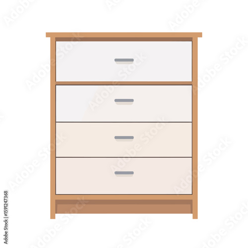Modern wooden chest of drawers with four drawers in shades of white and beige.