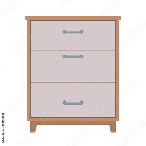 Wooden chest of drawers with three grey drawers and minimalist handles, front view.