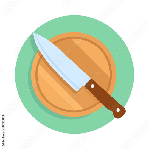 Sharp chef's knife with a brown riveted handle resting diagonally on a round wooden cutting board.