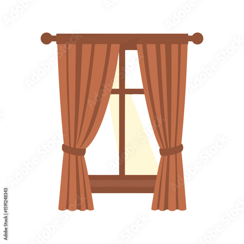 Illustrated brown window with tied-back terracotta curtains on a wooden rod, letting in light.