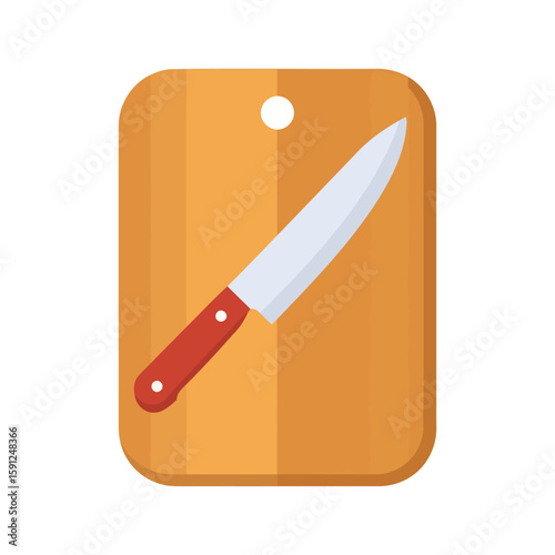 Sharp kitchen knife with a red handle resting on a wooden cutting board. Flat design icon for cooking and food preparation.