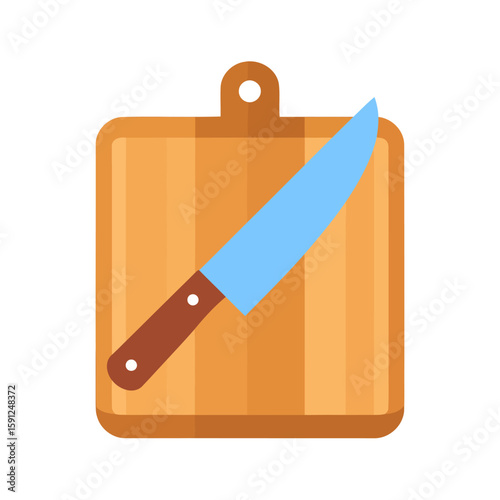 Flat design icon of a kitchen knife with a blue blade on a striped wooden cutting board.
