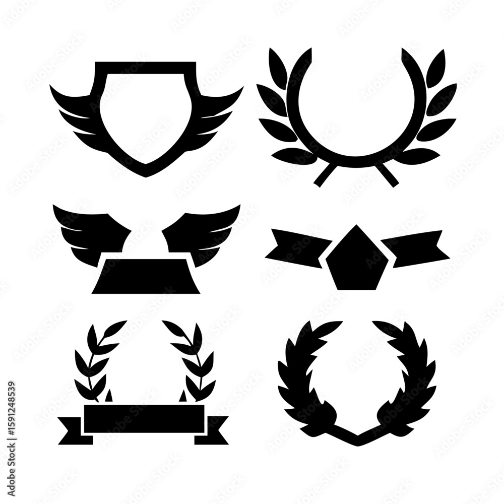 Fototapeta premium Vintage educational coat of arms set with university college and academy elements isolated vector illustration. Laurel wreaths, shields, ribbons illustration for awards,badges, and branding designs 
