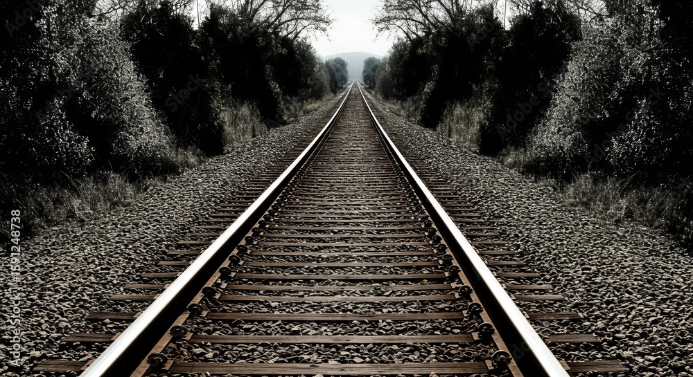 Fototapeta premium Long Dark Railroad Tracks Stretching to Infinity Perspective