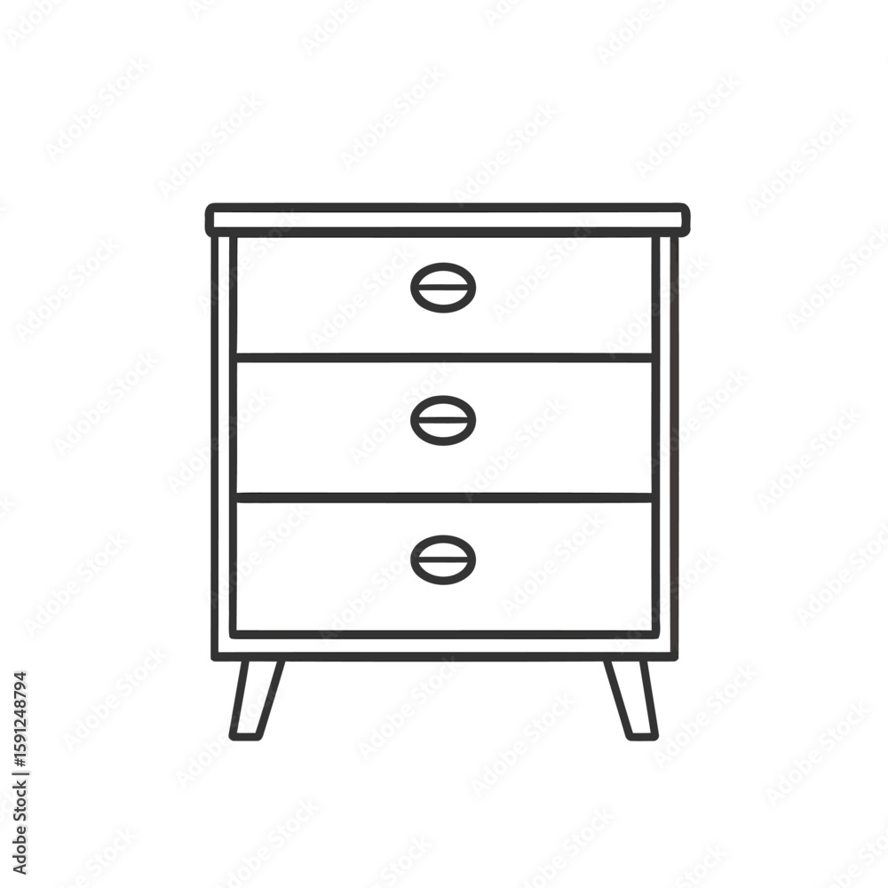 Minimalist line art of a modern three-drawer nightstand with simple oval handles and angled legs. Minimalist line art of a modern three-drawer nightstand with simple oval handles and angled legs.