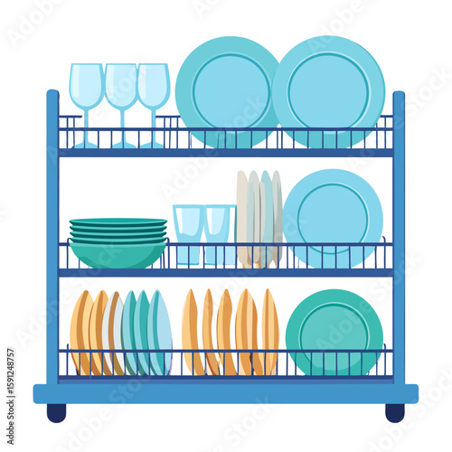 A blue three-tiered dish drying rack filled with clean, colorful plates, bowls, and glasses.