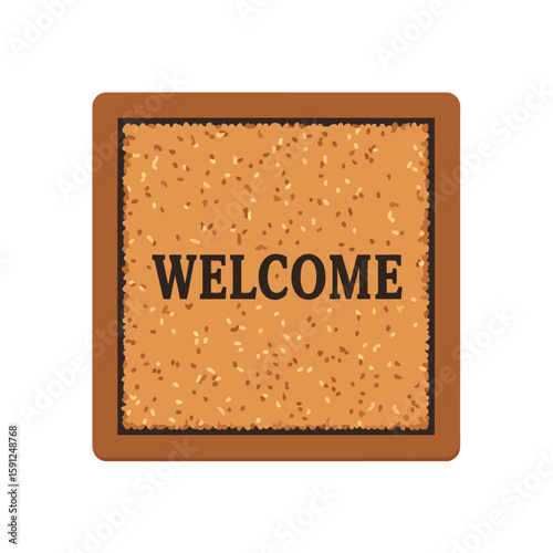 Classic square welcome doormat with a textured coir surface, brown rubber border, and black serif lettering.