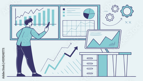 Business analytics presentation showing data charts and graphs for financial analysis and strategy review