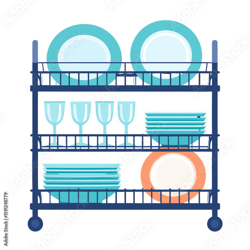 Dark blue mobile dish rack with clean turquoise and orange ceramic plates, bowls, and glassware.