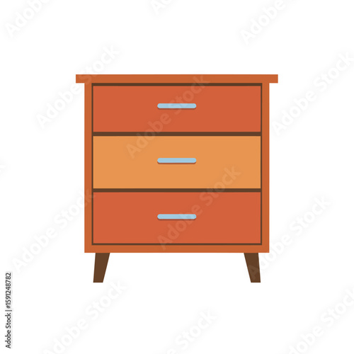 Mid-century modern wooden chest of drawers with three orange-toned drawers. Flat vector illustration of retro furniture.