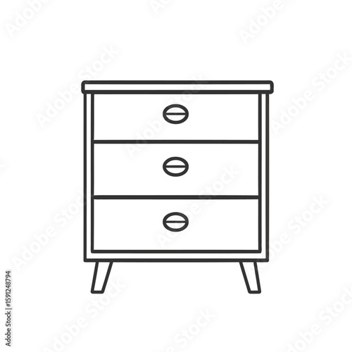 Minimalist line art of a modern three-drawer nightstand with simple oval handles and angled legs.