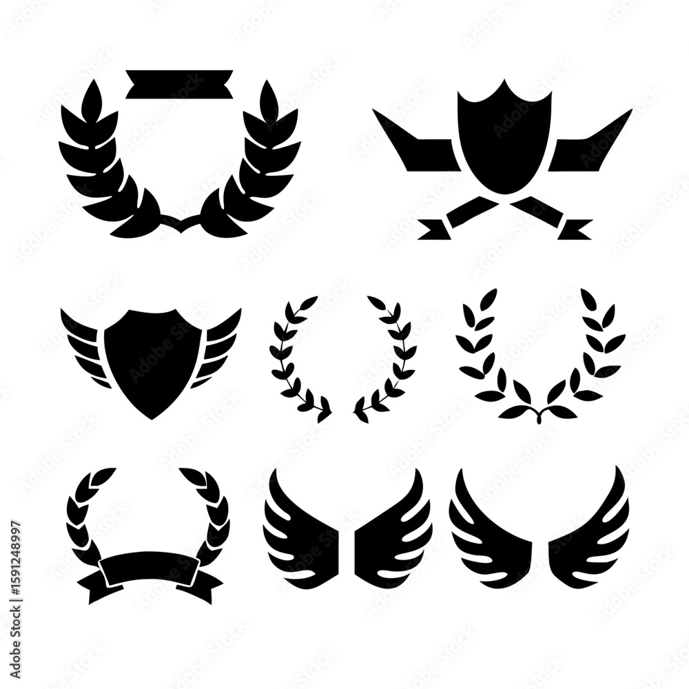 Fototapeta premium Laurel wreath, shield, wing, ribbon, and banners vector set. Laurel wreaths, shields, wings, ribbons illustration for awards, heraldry, logos, badges, and branding designs 