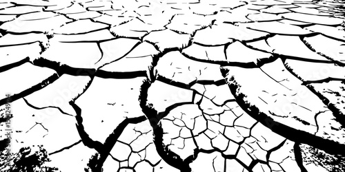  A stark, high-contrast, black and white close-up of parched, cracked earth, illustrating severe drought and environmental degradation. The cracks extend towards a vanishing point