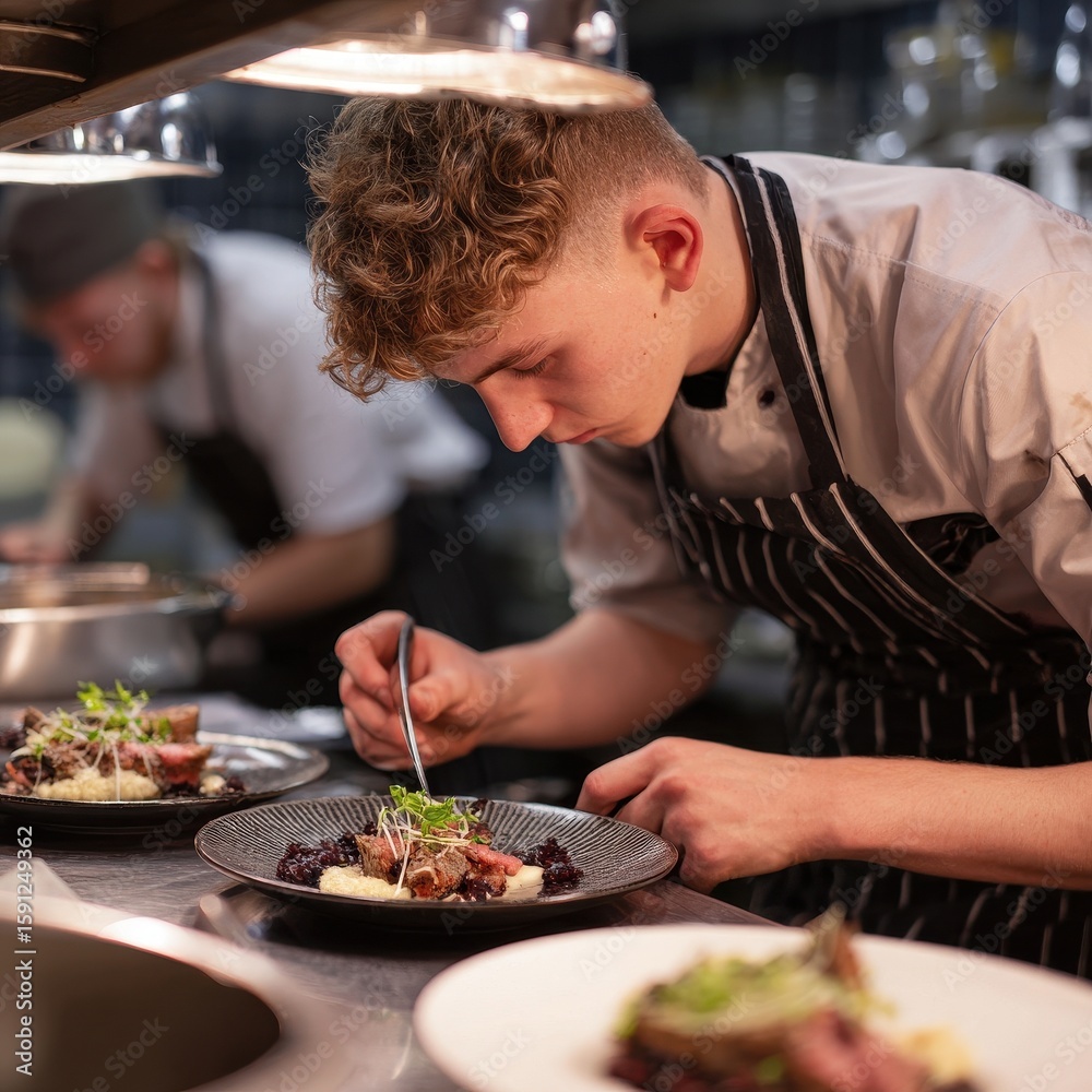 Naklejka premium A young chef carefully arranges a gourmet dish on a plate.