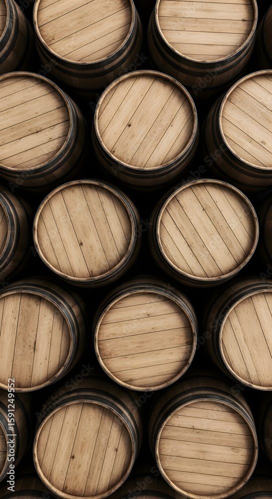 Aged wooden barrels of wine and beer nestled in a stone cellar, quietly maturing fine spirits. A vertical backdrop ideal for advertising alcoholic beverages, wine labels and historic tours of Italy, G Aged wooden barrels of wine and beer nestled in a stone cellar, quietly maturing fine spirits. A vertical backdrop ideal for advertising alcoholic beverages, wine labels and historic tours of Italy, G