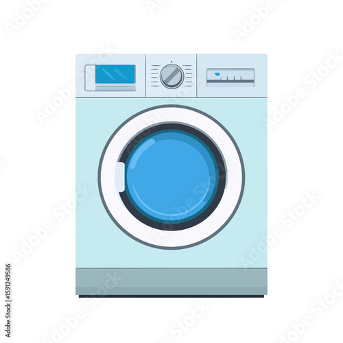 Vector illustration of a modern light blue front-loading washing machine with a control panel.