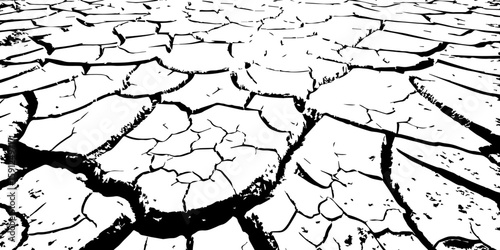  A stark, high-contrast, black and white close-up of parched, cracked earth, illustrating severe drought and environmental degradation. The cracks extend towards a vanishing point