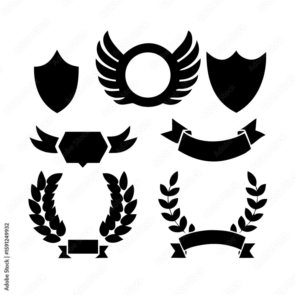 Obraz premium Laurel wreath, shield, wing, ribbon, and banners vector set. Laurel wreaths, shields, wings, ribbons illustration for awards, heraldry, logos, badges, and branding designs 