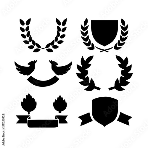 Laurel wreath, shield, wing, ribbon, and banners vector set. Laurel wreaths, shields, wings, ribbons illustration for awards, heraldry, logos, badges, and branding designs 
