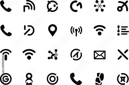 Black icon symbol signs, communication, contact, location and notification set