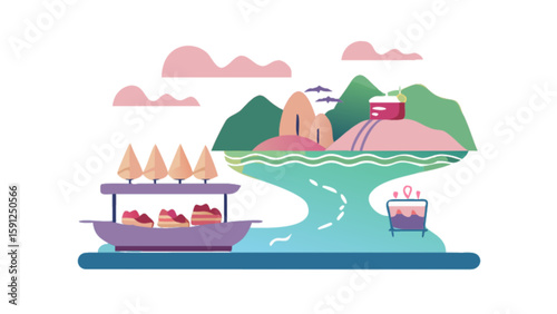 Illustration of island landscape with cake shop, trees, mountains, and clouds for graphic design needs
