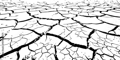  A stark, high-contrast, black and white close-up of parched, cracked earth, illustrating severe drought and environmental degradation. The cracks extend towards a vanishing point