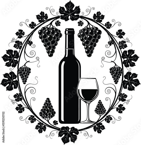 Wine bottle and glass with grape vine illustration vector graphic design art