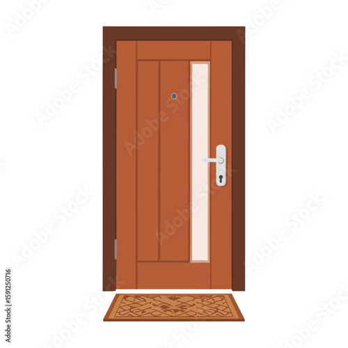 Closed brown wooden front door with a vertical frosted glass panel, silver handle, and patterned doormat.