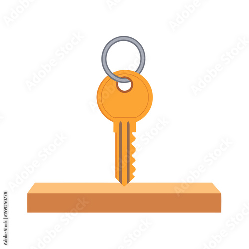 A simple orange key with a silver metal ring being inserted into a light brown keyhole.