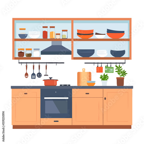 Modern kitchen interior illustration with wooden cabinets, open shelves, blue oven, and various cooking utensils.