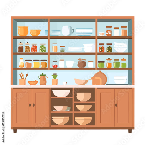 Rustic wooden kitchen hutch with neatly organized shelves of crockery, cookware, and preserved food jars.