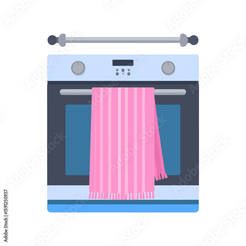 Modern light blue electric oven with a pink striped towel hanging on its handle, shown in a flat vector style.