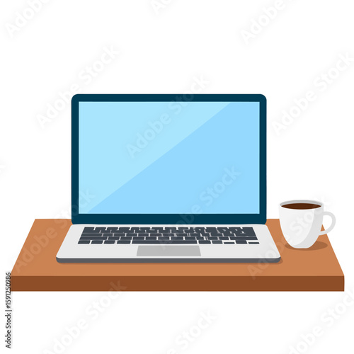 Modern silver laptop with a blank blue screen and a coffee cup on a wooden desk, flat design illustration.
