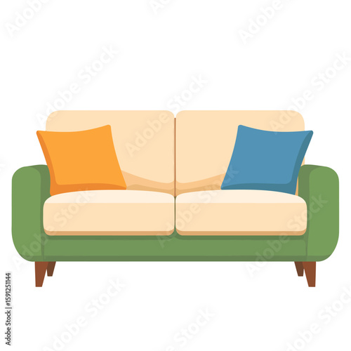 A modern green loveseat with beige cushions and colorful orange and blue throw pillows.