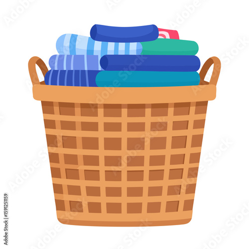 Woven-style brown laundry basket filled with a stack of neatly folded colorful clothes and towels.