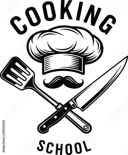 Cooking school logo design with chef hat, spatula and knife vector graphics