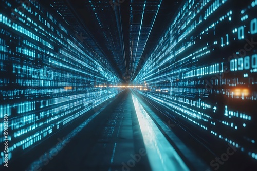 Fototapeta Naklejka Na Ścianę i Meble -  Futuristic tunnel with shifting walls of blue binary numbers, laser beams slicing through the data stream in rhythmic motion