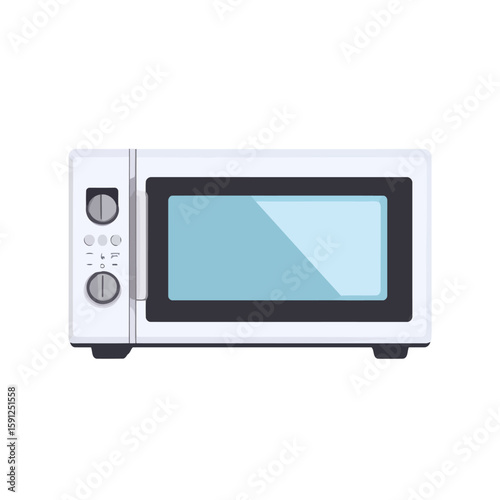 White microwave oven with analog dial controls, front view flat vector illustration.
