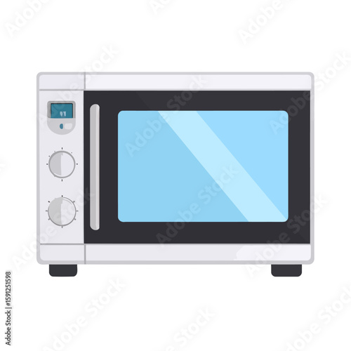 White microwave oven with a digital display and control knobs, flat vector style.