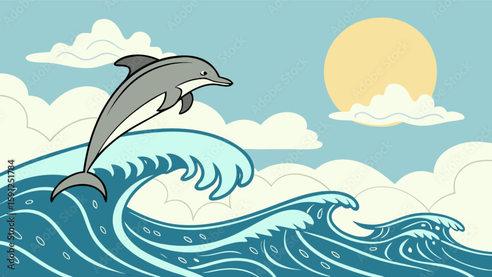 Naklejka premium Dolphin jumping out of water cartoon vector illustration with ocean waves and sun in the sky drawing